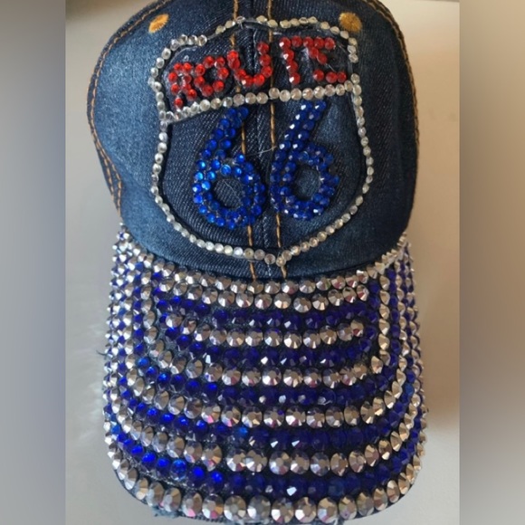 Route 66 Denim & Rhinestones Baseball Cap - Picture 5 of 7